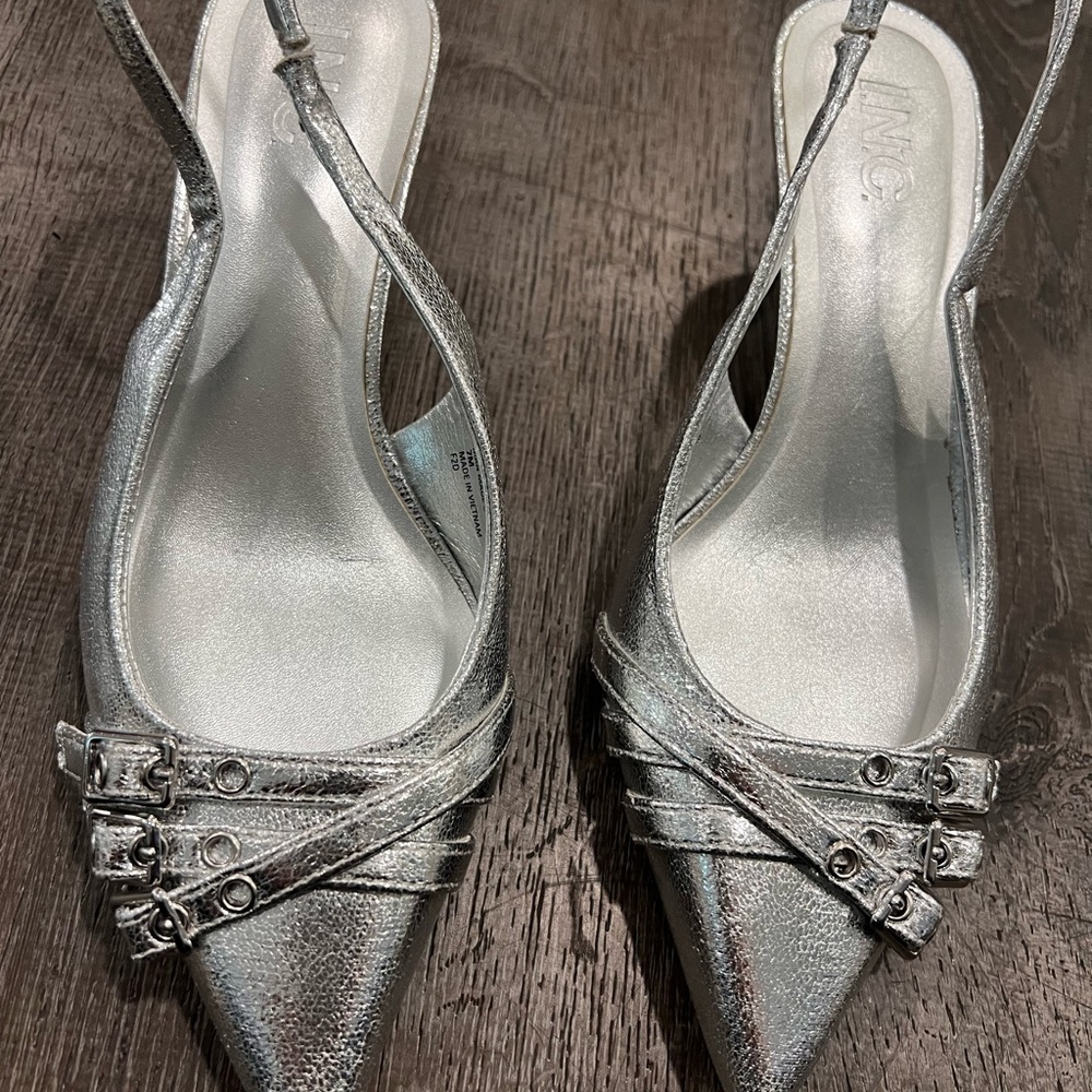 INC International Concepts Silver Slingback Heels with Decorative Straps